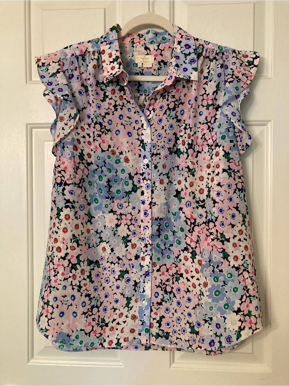 kate spade Floral Ruffle-Sleeve Button Front Top in Pink Blue Multi